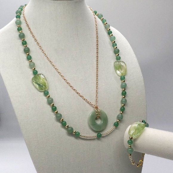 My Bead Emporium Jewelry - Set Necklace Bracelet Jade Disc Lobster Clasp Gold Green Dual Strand Unique